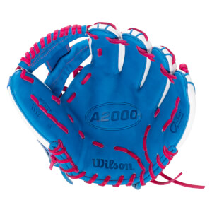 Front view of a blue softball glove with pink laces and white trim, featuring visible "Wilson," "A2000," and "LOVE THE MOMENT" text on the palm and pinky areas.