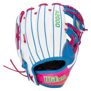 Back view of a white snakeskin softball glove with blue and pink accents, featuring neon yellow "A2000" text and a "Wilson" logo on the pink wrist strap.