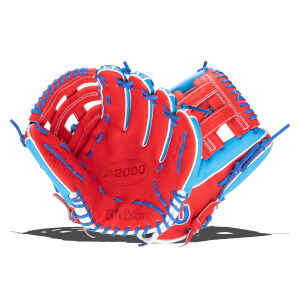 Front view of a red and blue Wilson A2000 baseball glove with white stitching and "Wilson" logo.