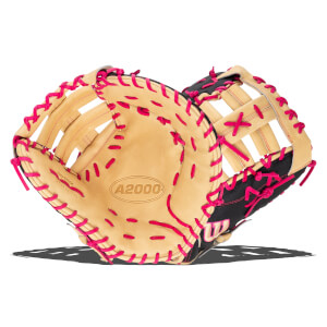 Front view of a tan and black Wilson A2000 baseball glove with bright pink lacing.