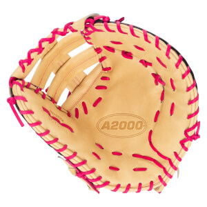 Top-down view of a tan baseball glove with bright pink lacing and "A2000" embossed on the palm.