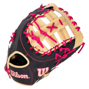 Top-down view of a black baseball glove with bright pink lacing and the "Wilson" logo.