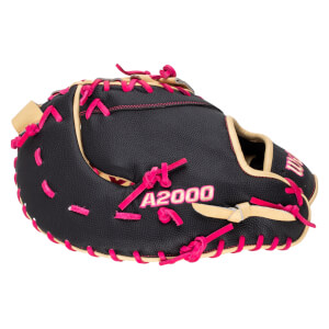 Side view of a black baseball glove with bright pink lacing and "A2000" embroidered in gold.