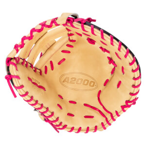 Top-down view of a tan baseball glove with bright pink lacing and the embossed "A2000" logo.