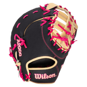 Front view of a black Wilson A2000 baseball glove with bright pink lacing and tan accents.