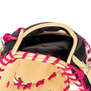 Close-up of a black baseball glove with tan leather and bright pink lacing.