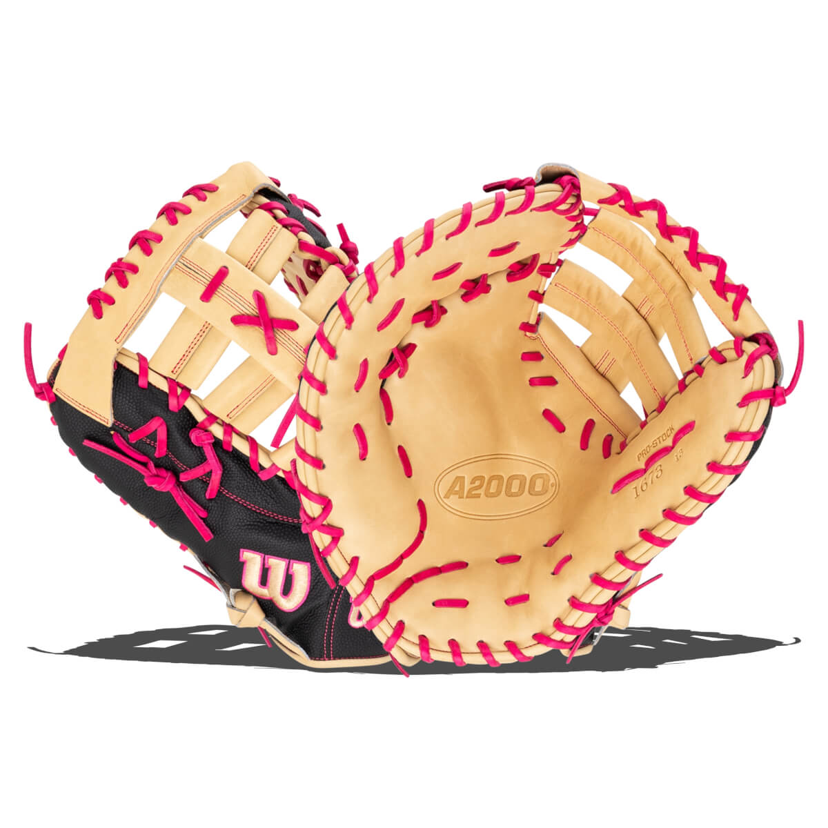 Front view of a tan and black baseball glove with bright pink lacing and "A2000" and "Wilson" logos.