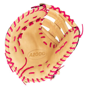 Top-down view of a tan baseball glove with bright pink lacing and "A2000" branding.