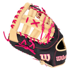Corner view of a black baseball glove with tan leather and bright pink lacing and stitching, featuring a "Wilson" logo.