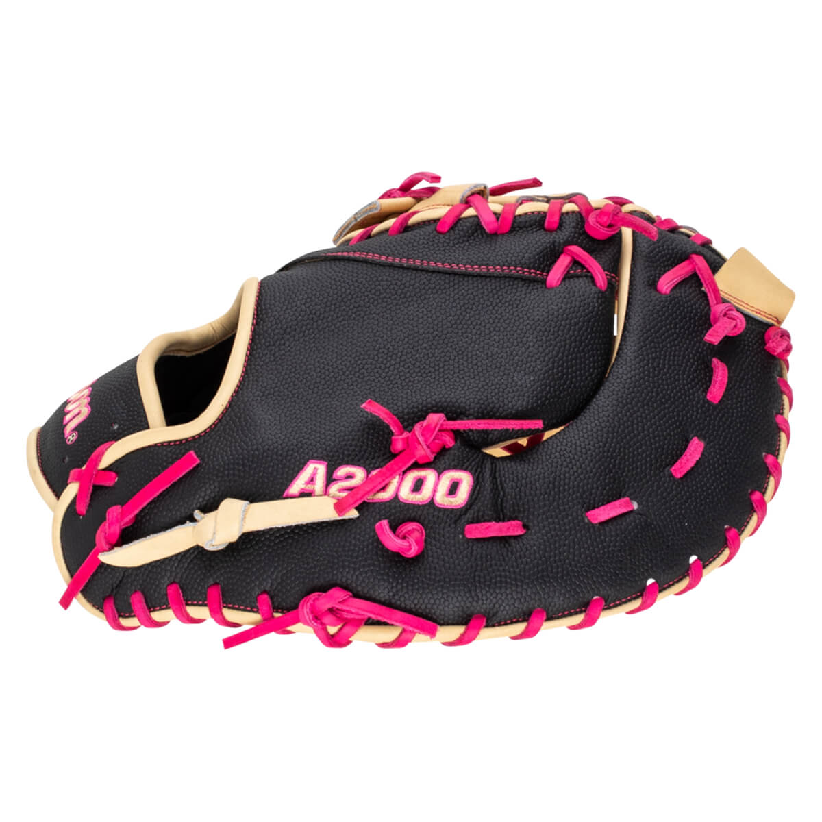 Side view of a black baseball glove with pink lacing and "A2000" embroidered in gold.