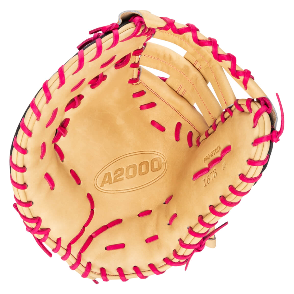 Top-down view of a tan baseball glove with bright pink lacing and "A2000" embossed on the palm.