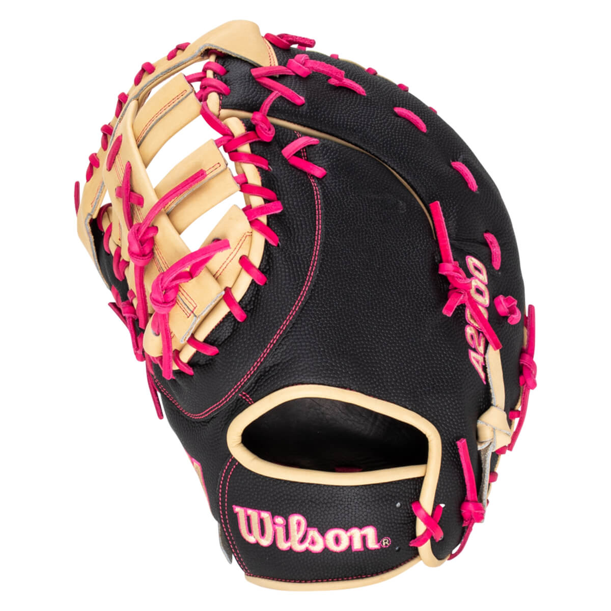 Top-down view of a black Wilson A2000 baseball glove with bright pink lacing and tan accents.