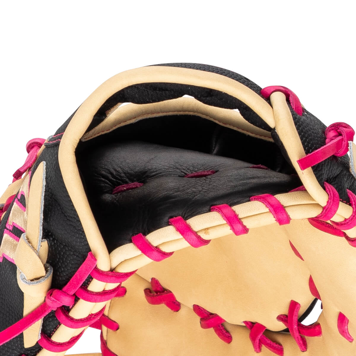 Close-up of a black baseball glove with tan leather and bright pink lacing.