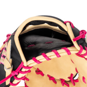 Close-up of a black baseball glove with tan leather and bright pink lacing.