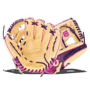 Front view of a tan Wilson A2000 baseball glove with purple and pink lacing and a pink "W" logo.