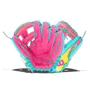 Front view of a pink Wilson A2000 baseball glove with teal lacing and a yellow and blue palm.
