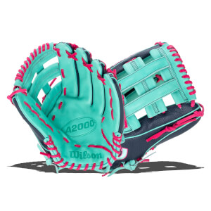 Front view of a teal Wilson A2000 baseball glove with pink lacing and "Wilson" and "A2000" logos.