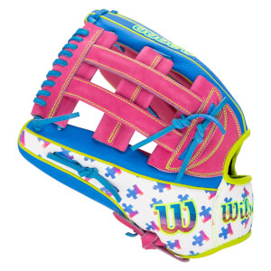 Back view of a pink and blue glove featuring a white panel with colorful puzzle pieces, a gradient Wilson W logo, and the word A2000 in lime green.