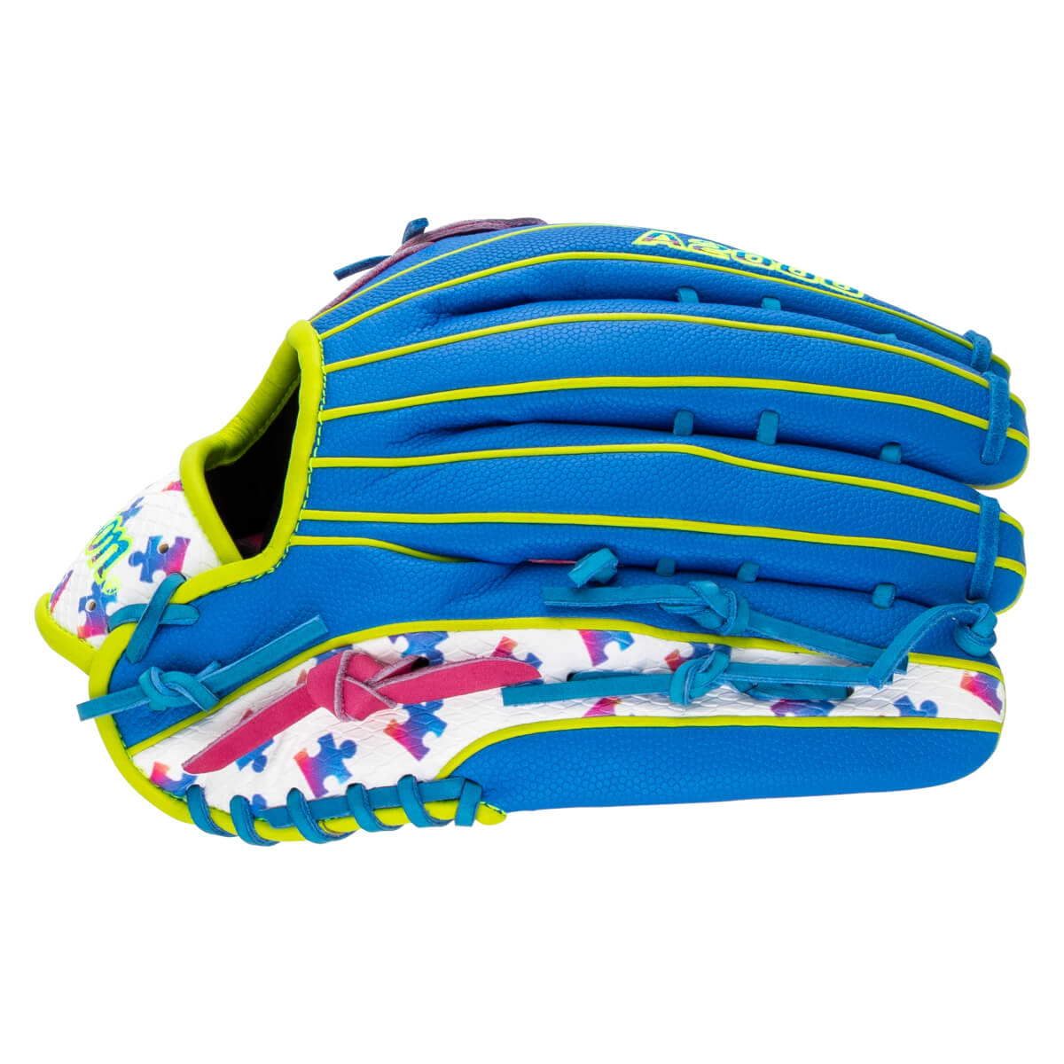 Side view of a blue baseball glove with neon yellow accents, pink laces, and white panels with a puzzle piece pattern, featuring "A2000" text on a finger.