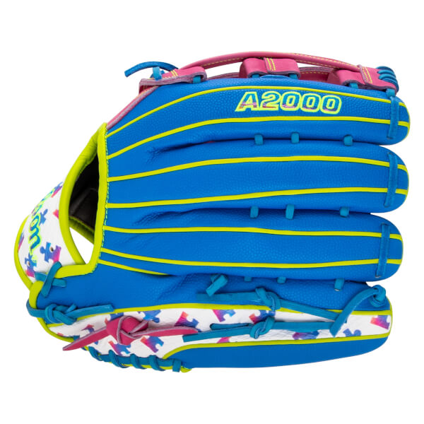 Back view: This blue baseball glove features neon yellow accents, the "A2000" logo, and white sections decorated with vibrant puzzle pieces.