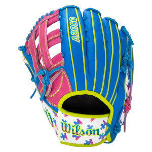 Back view of a blue and pink baseball glove with "A2000" text and a white wrist strap featuring colorful puzzle pieces and the "Wilson" logo in lime green.