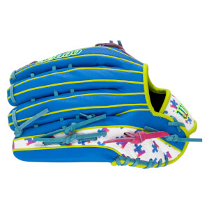 Back view of a blue and neon yellow baseball glove featuring teal laces, a white panel with multi-colored puzzle pieces, and A2000 text on the finger.