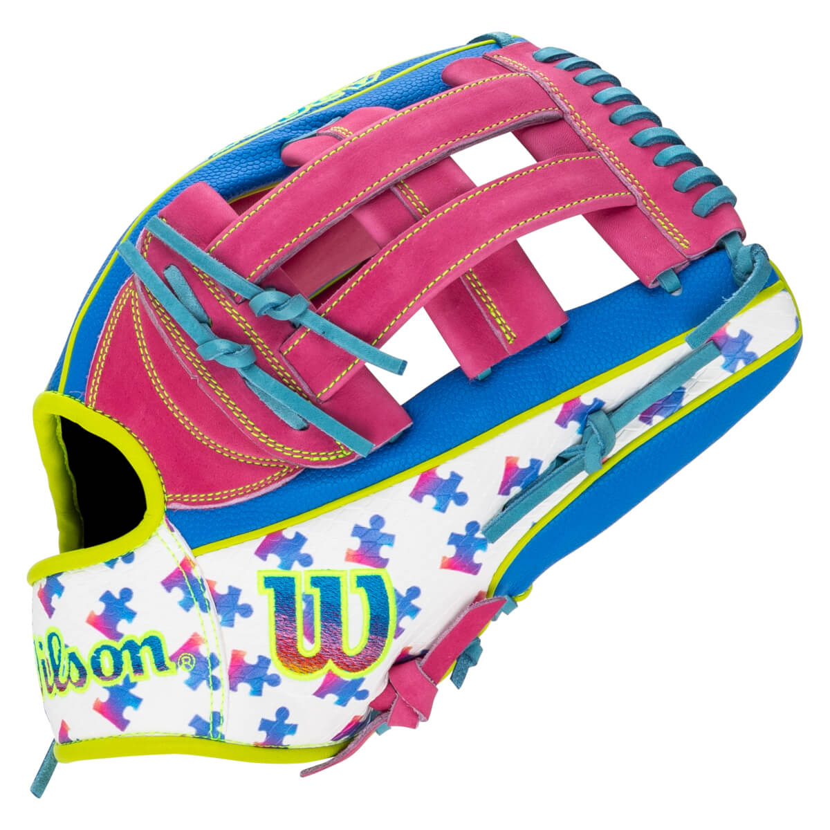 Back view of this colorful glove featuring pink and blue accents, a puzzle piece pattern on white leather, and the Wilson script and block W logos.