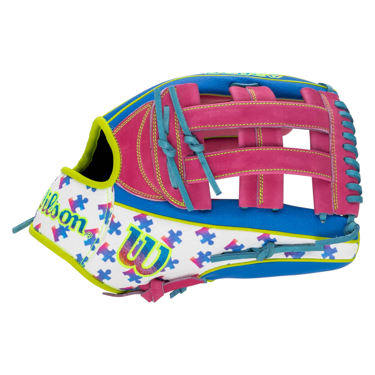 Back view of the glove showing pink webbing, blue accents, and a white shell with a colorful puzzle piece pattern and the "Wilson" and "W" logos.