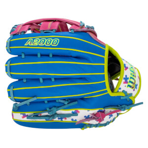 Back view of a blue baseball glove with yellow welting and "A2000" text, featuring pink accents and a white wrist strap decorated with a colorful puzzle piece pattern.