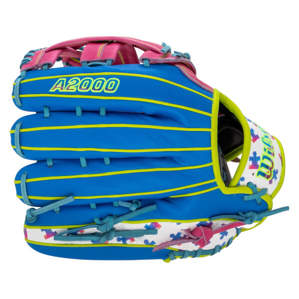 Palm view of a pink Wilson A2000 1777 glove with light blue laces and yellow trim, featuring embossed "A2000" and "Wilson" logos and "The Moment" text.