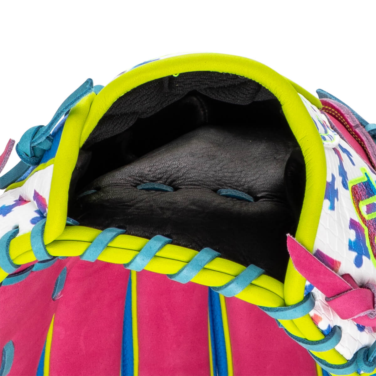 Back view of the glove featuring blue leather, pink accents, a colorful puzzle piece pattern, and "A2000" and "Wilson" logos in neon yellow and green.