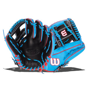 Open view of a blue Wilson A2000 baseball glove with red and black accents and white stitching.