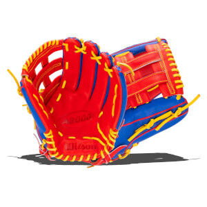 Front view of a red and blue baseball glove with yellow lacing, showing "A2000" and "Wilson" logos.