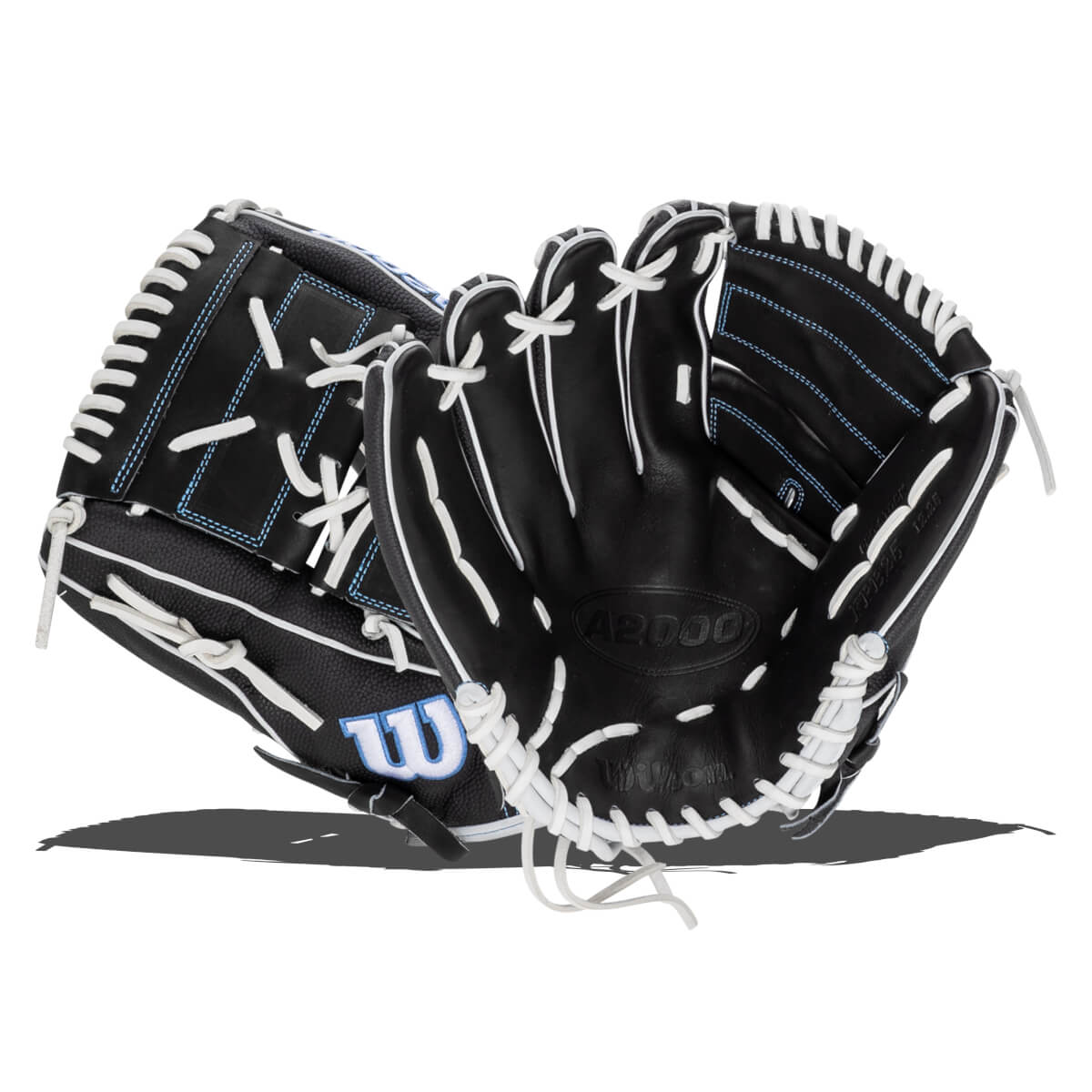 Front view of a black Wilson A2000 baseball glove with white lacing and blue stitching.