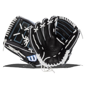 Front view of a black Wilson A2000 baseball glove with white lacing and blue stitching.
