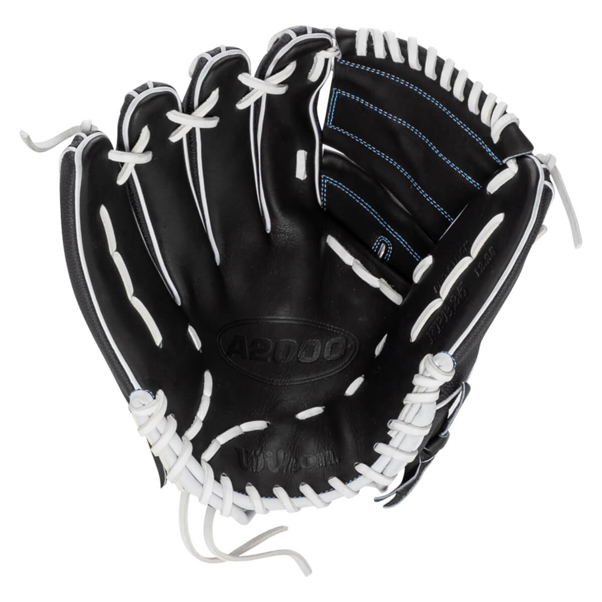 Top-down view of a black baseball glove with white lacing and "A2000" embossed on the palm.