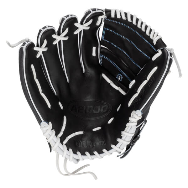 Top-down view of a black baseball glove with white lacing and "A2000" embossed on the palm.