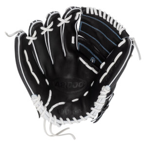 Top-down view of a black baseball glove with white lacing and "A2000" embossed on the palm.