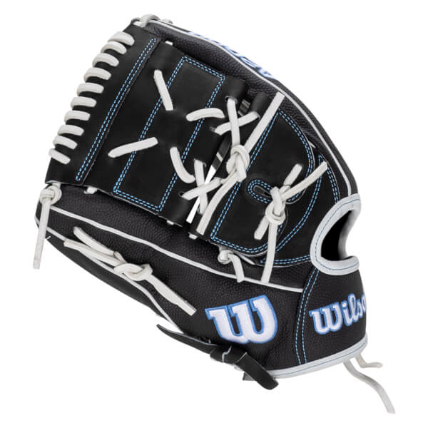 Side view of a black baseball glove with white lacing, blue stitching, and "Wilson" text.