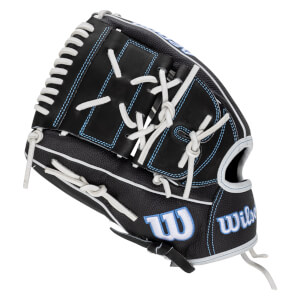 Side view of a black baseball glove with white lacing, blue stitching, and "Wilson" text.