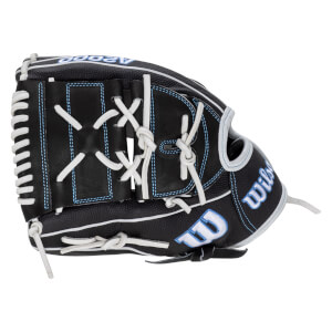 Side view of a black Wilson A2000 baseball glove with white lacing and blue stitching.