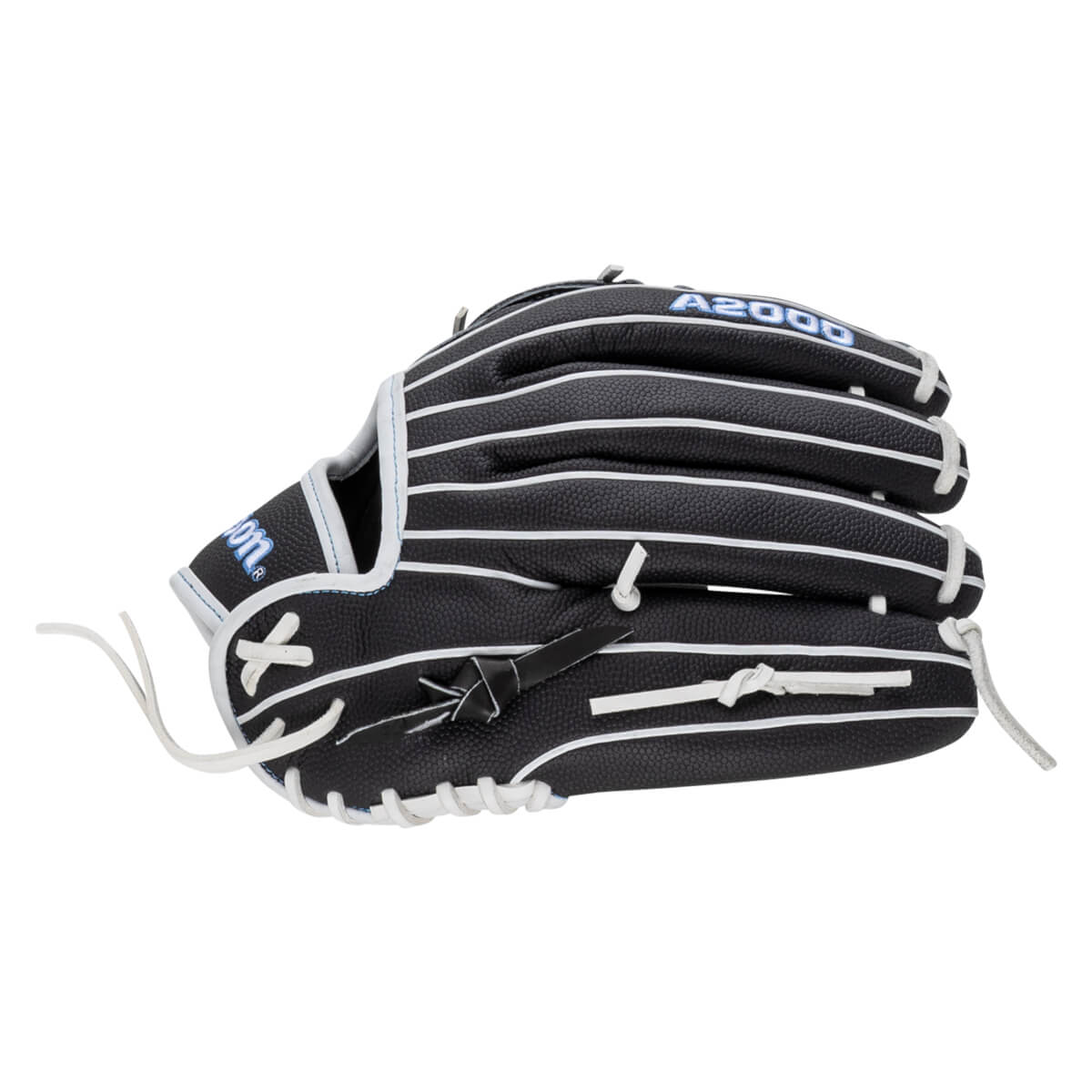 Side view of a black Wilson A2000 baseball glove with white lacing and blue lettering.