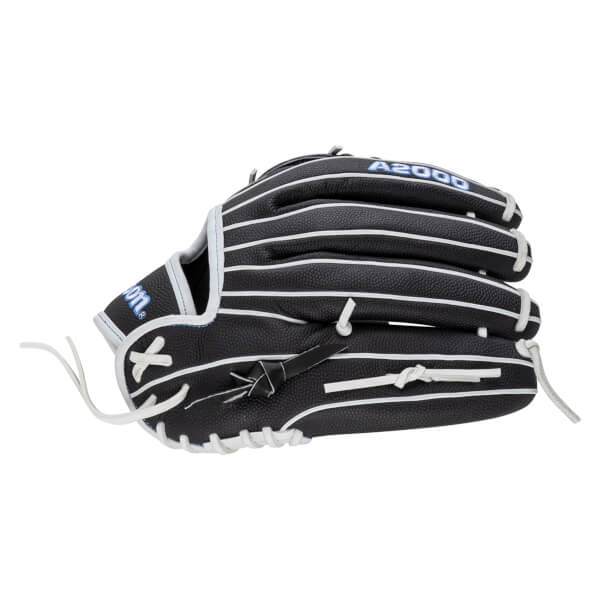 Side view of a black Wilson A2000 baseball glove with white lacing and blue lettering.