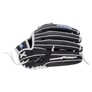 Side view of a black Wilson A2000 baseball glove with white lacing and blue lettering.