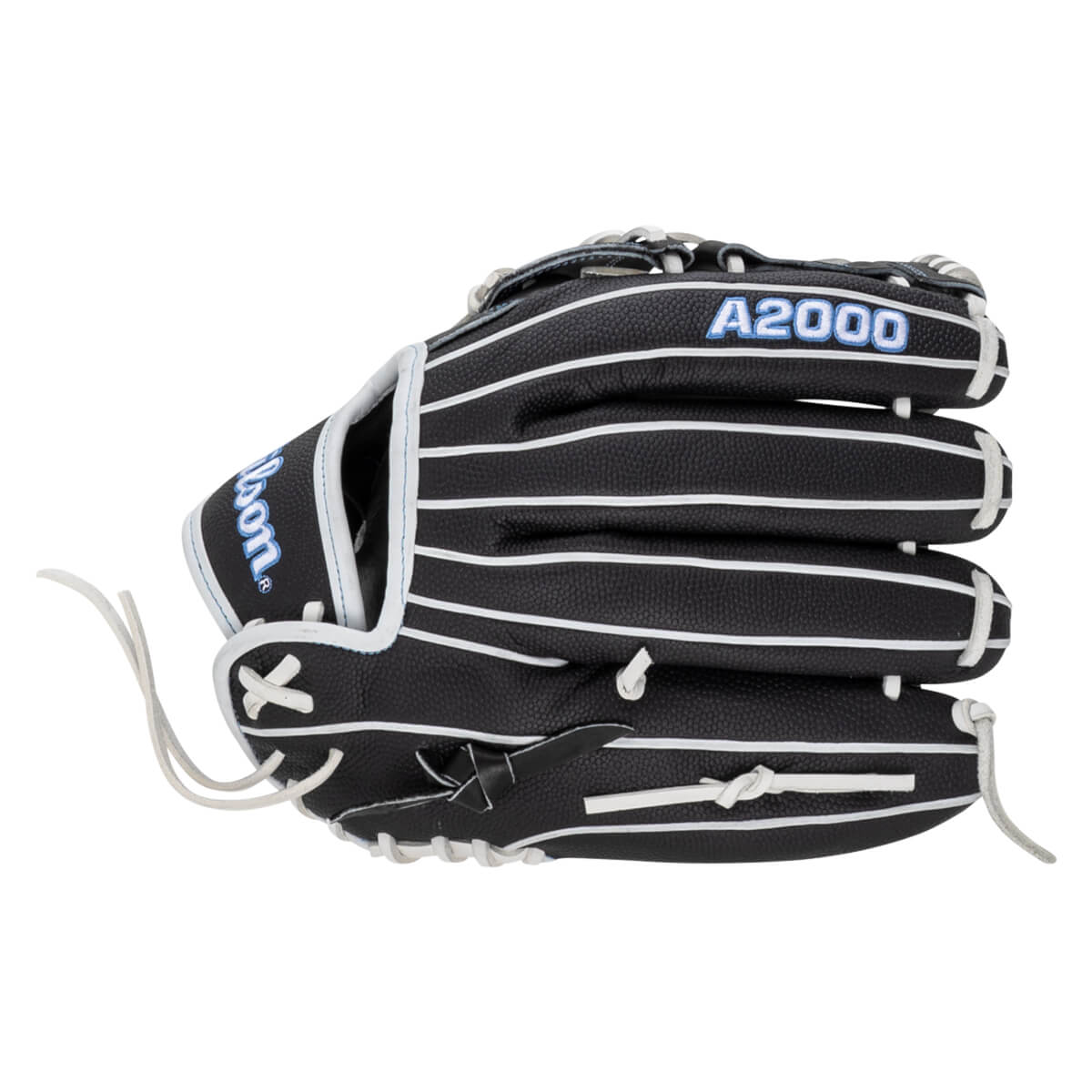 Front view of a black Wilson A2000 baseball glove with white stitching and laces.