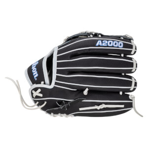 Front view of a black Wilson A2000 baseball glove with white stitching and laces.