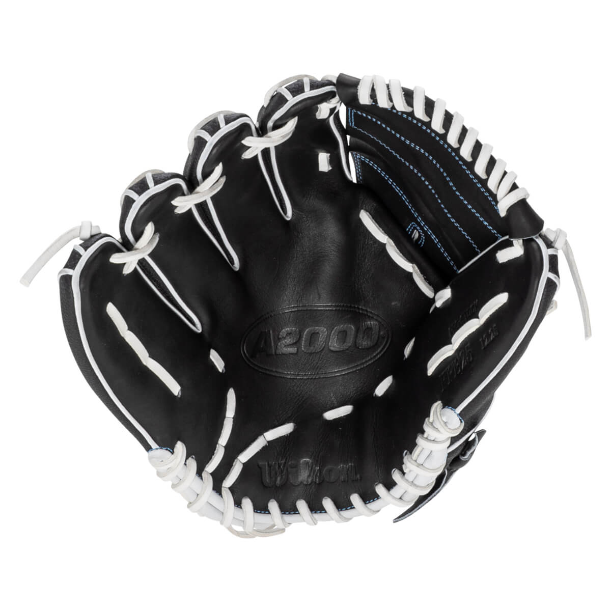 Top-down view of a black Wilson A2000 baseball glove with white lacing and blue stitching.