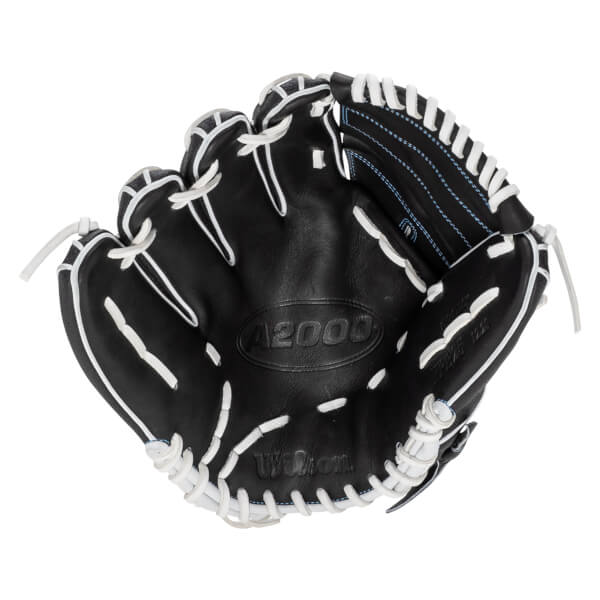 Top-down view of a black Wilson A2000 baseball glove with white lacing and blue stitching.