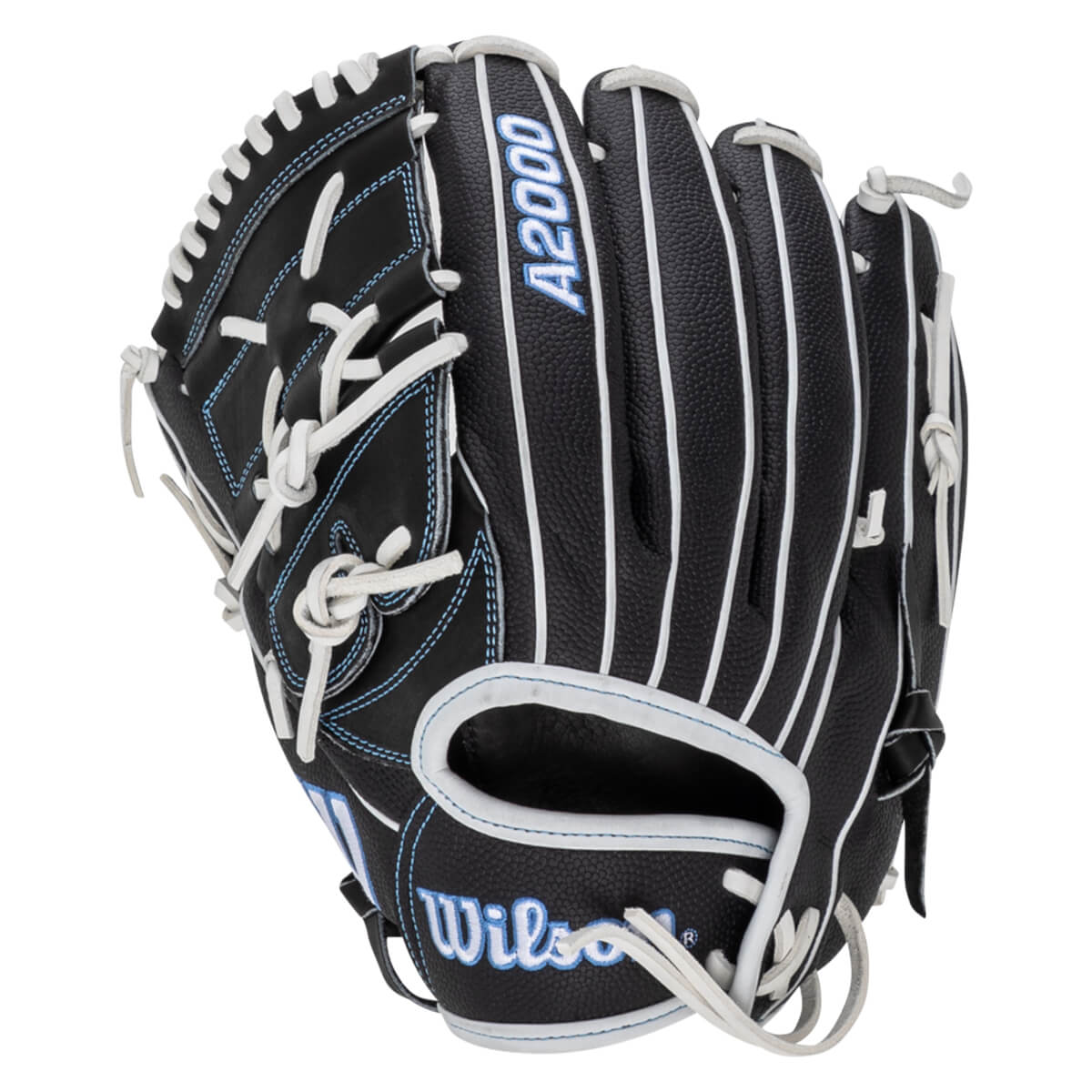 Front view of a black Wilson A2000 baseball glove with white lacing and blue stitching.