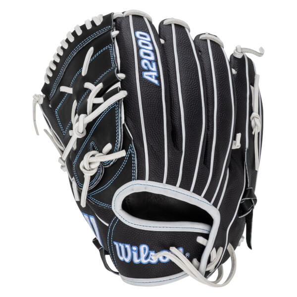 Front view of a black Wilson A2000 baseball glove with white lacing and blue stitching.